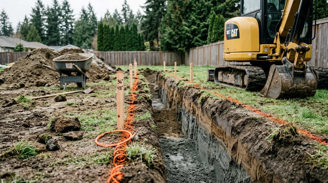 A backhoe cutting a straight utility trench through a residential property in Mount Vernon, Washington, with dark Skagit Valley soil piled alongside the open cut. The trench runs toward a home foundation in the background under a cloudy Pacific Northwest sky.