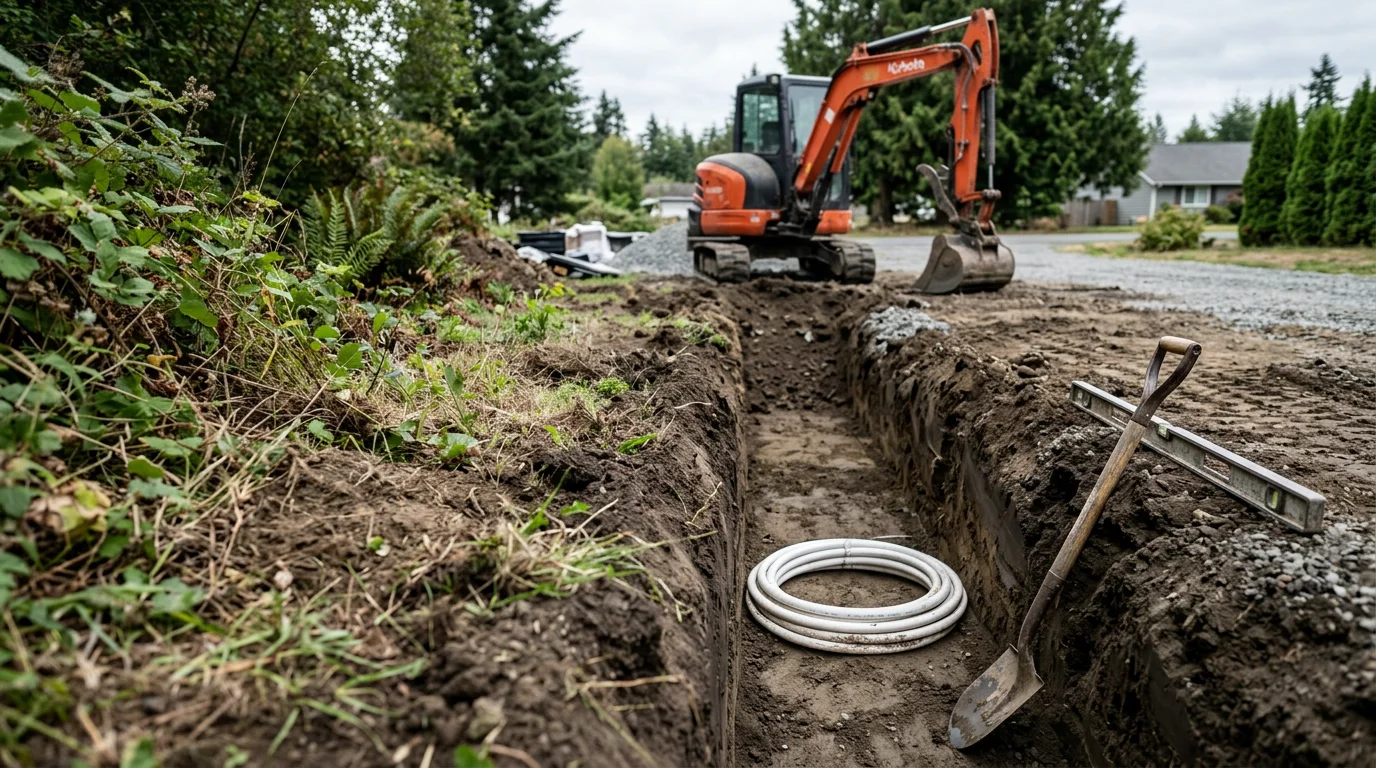 A Skagit Dirtworks excavator opening a utility trench on a residential lot in Mount Vernon, Washington, with exposed pipe bedding and compacted sidewalls visible in the foreground.