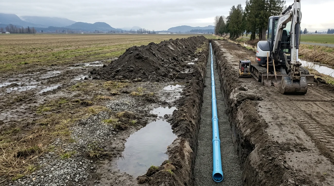 A freshly excavated trench on a Skagit Valley property showing a newly placed waterline bedded in gravel, with valley farmland visible in the background near Mount Vernon, Washington.